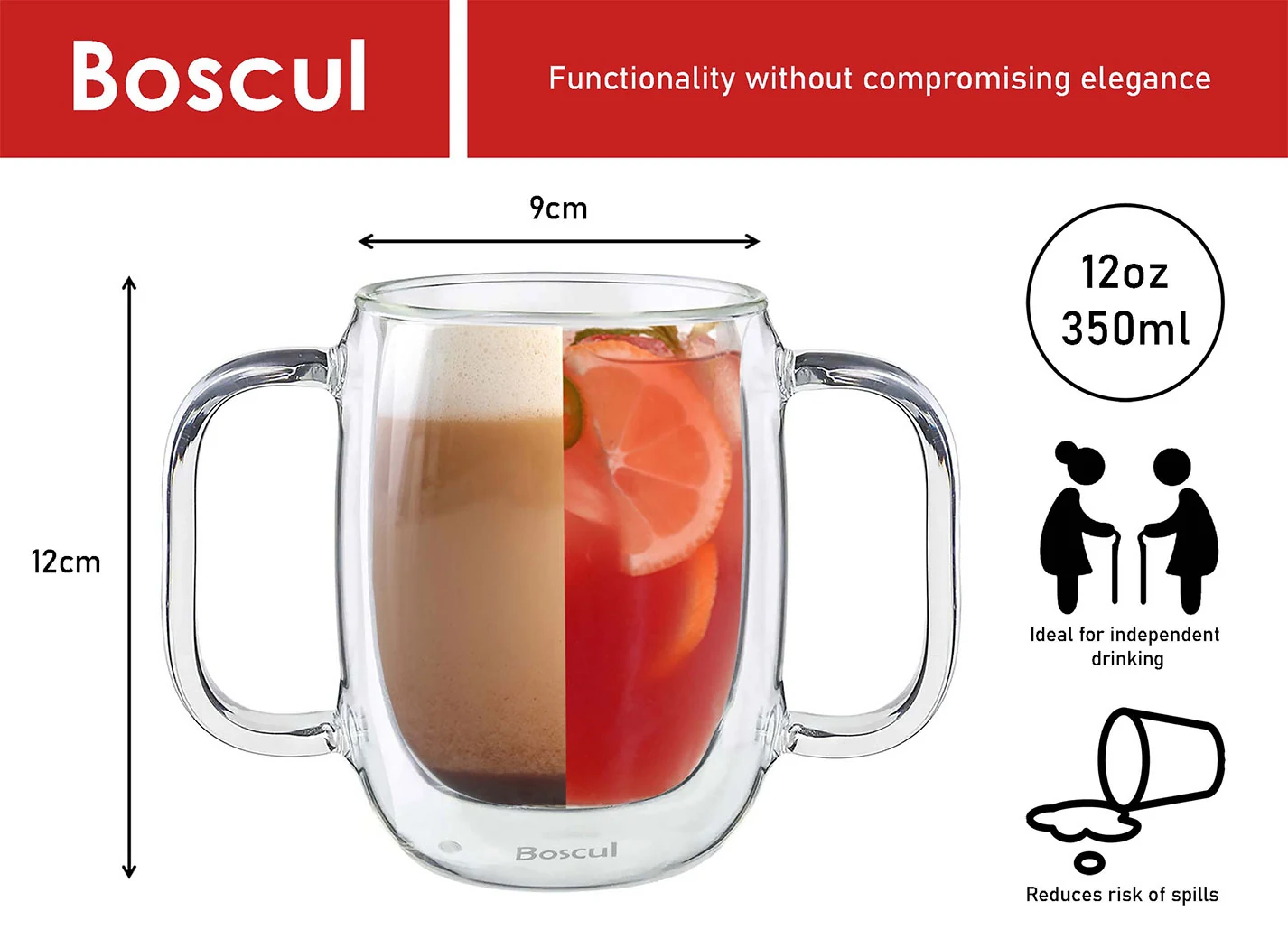 Boscul 350ml two-handled glass cup dimensions and independent drinking benefits