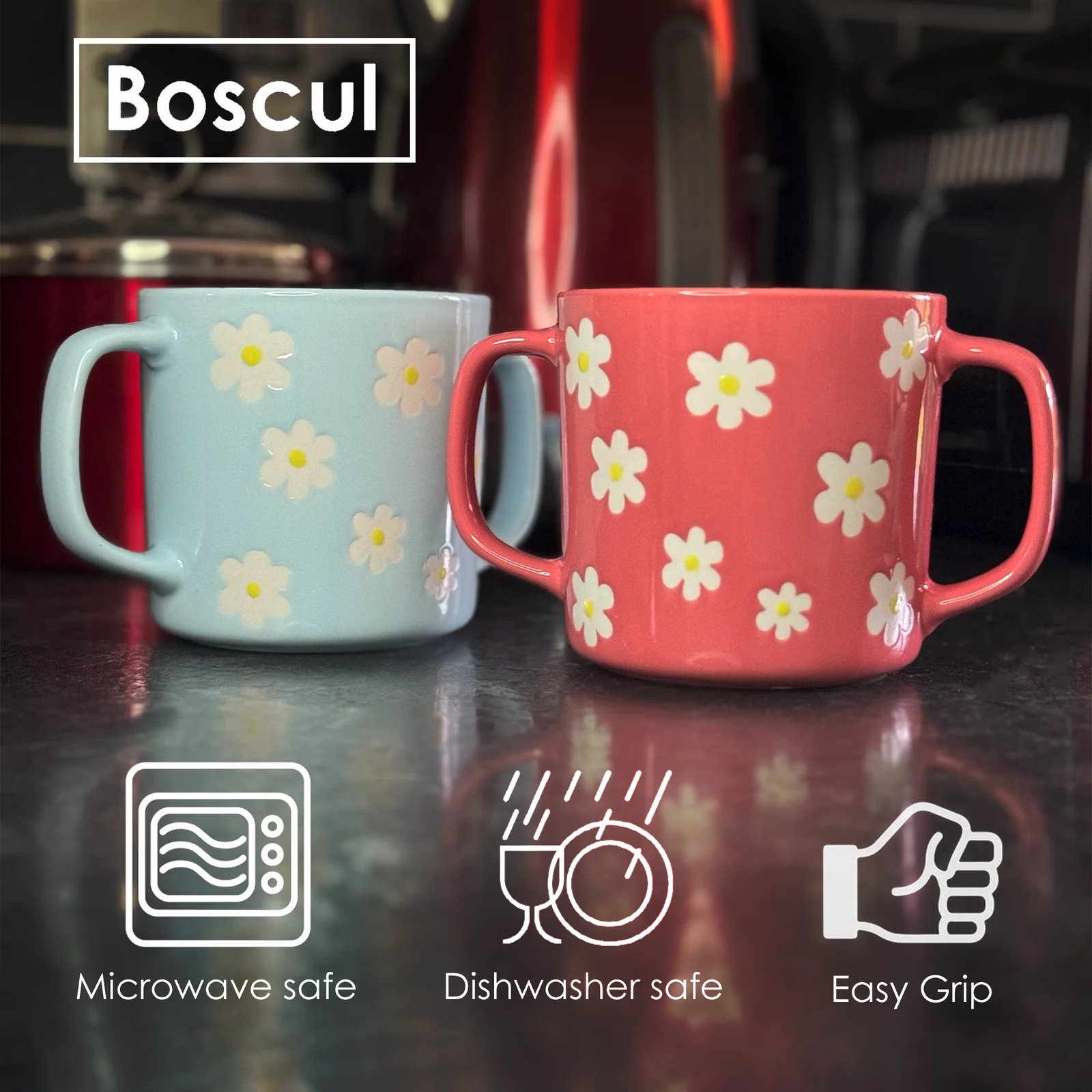 Boscul two-handled ceramic mugs with a hand-painted daisy pattern in pale blue and coral