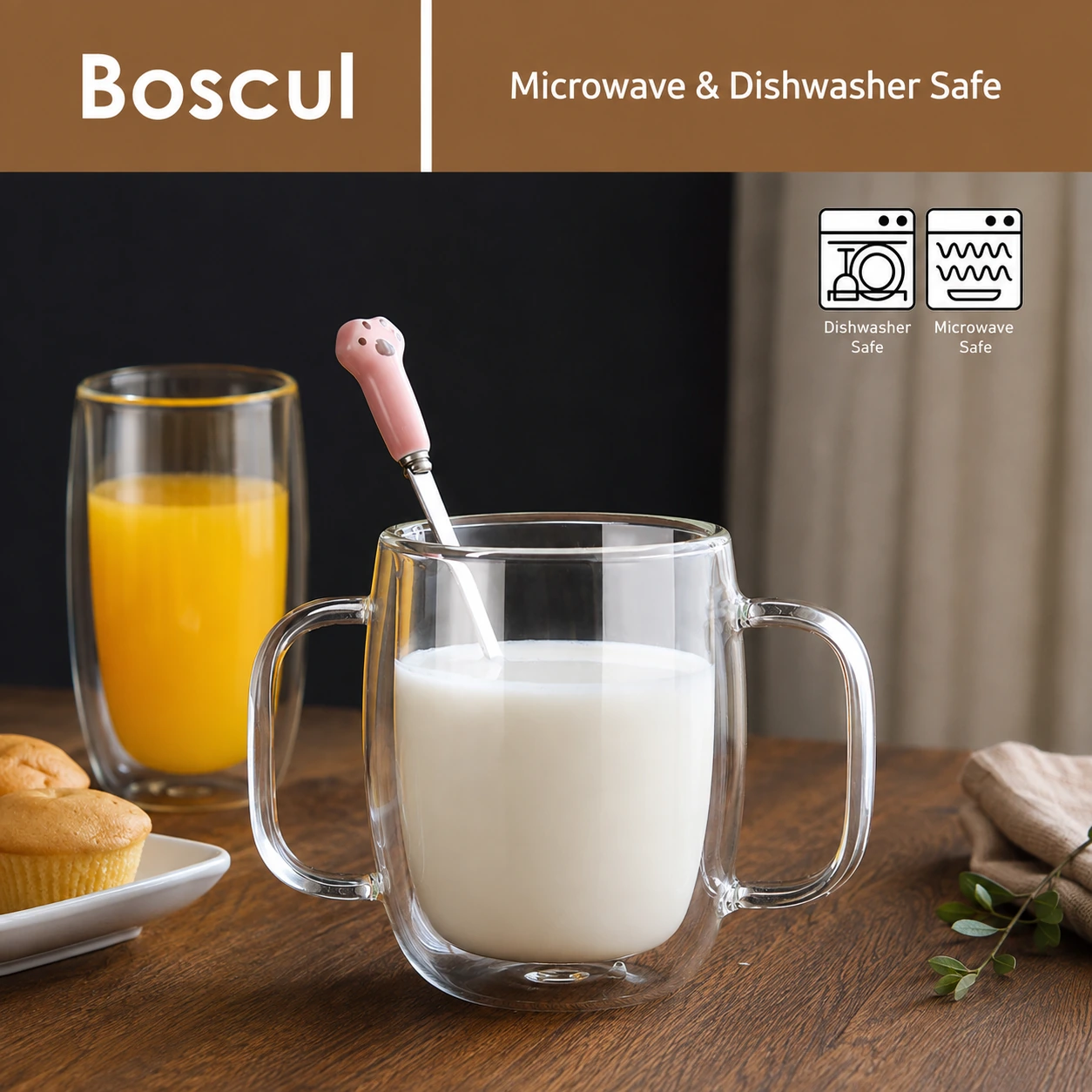 Boscul double-wall glass mug served with milk, sold as a pair