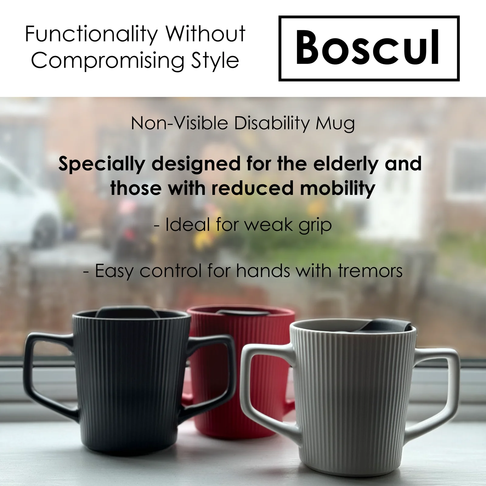 Boscul two-handled ribbed mugs in black, red and white with a press-on sliding lid
