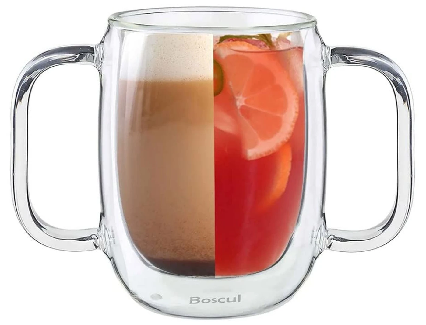 Boscul two-handled glass cup shown with a hot coffee and a cold fruit drink