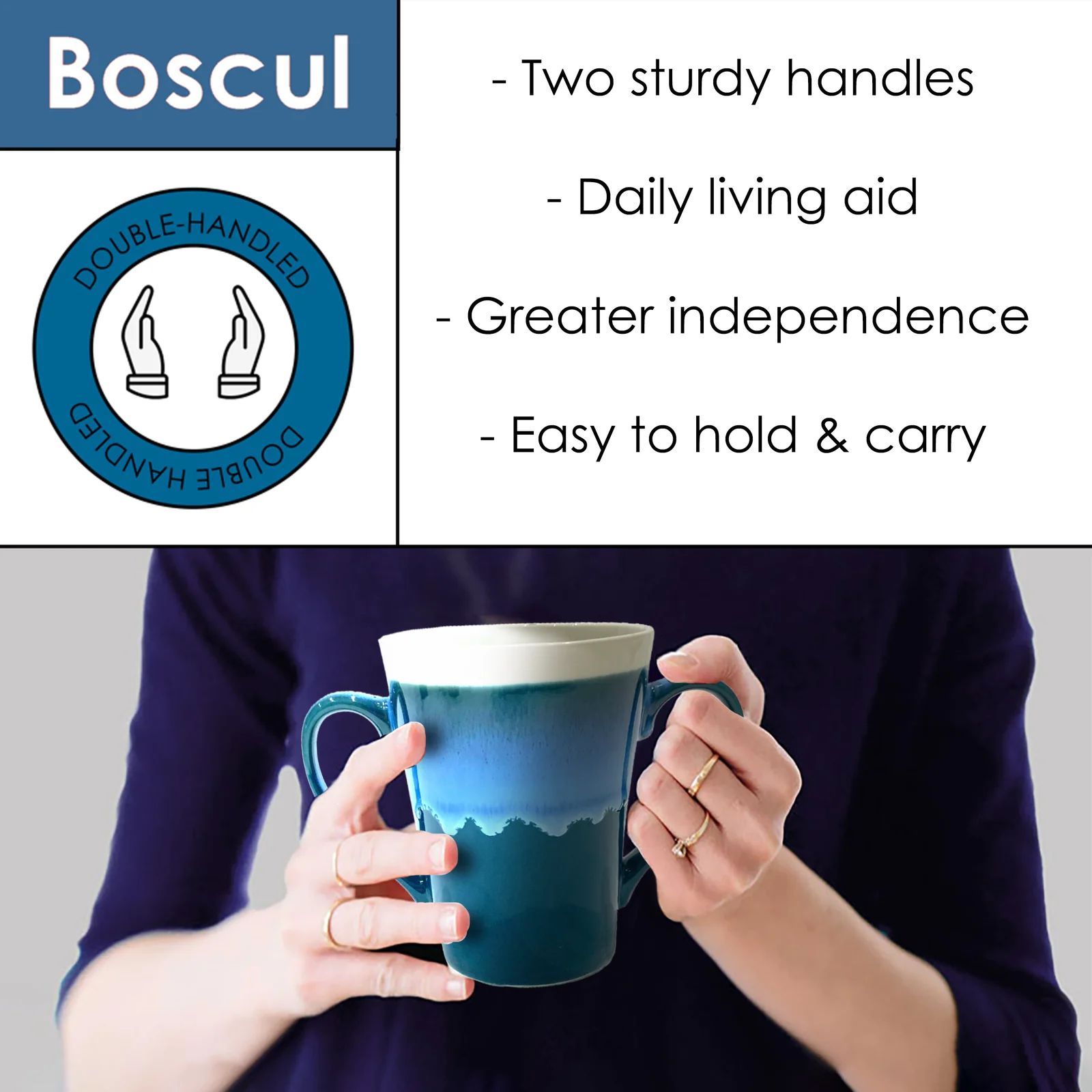 Hands holding a Boscul reactive glaze two-handled mug in a blue-green finish