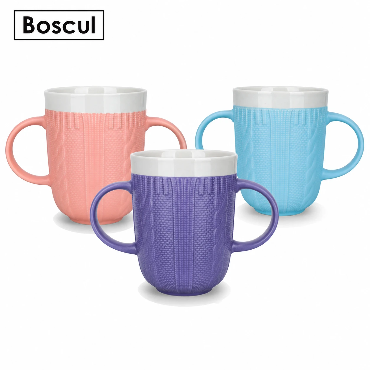 Boscul Sweater mugs with a knitted cable texture in pink, purple and blue