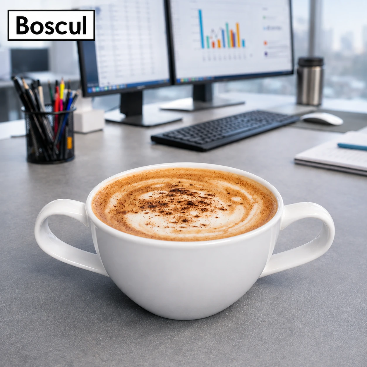 Boscul White Dignity two-handled mug with a hot drink
